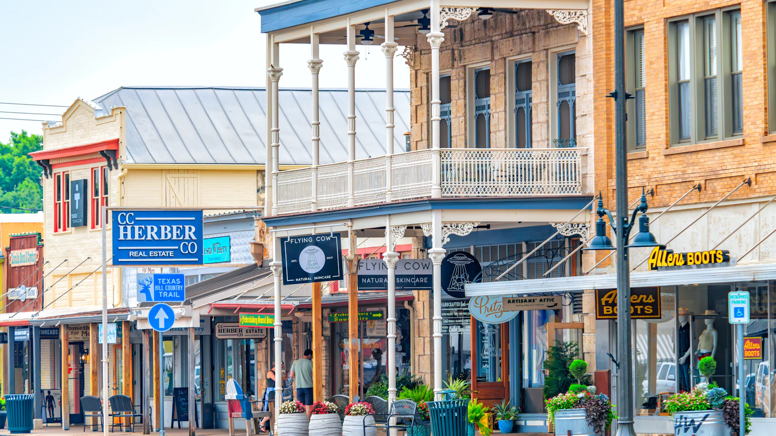 Row of historic small-town storefronts along a main street